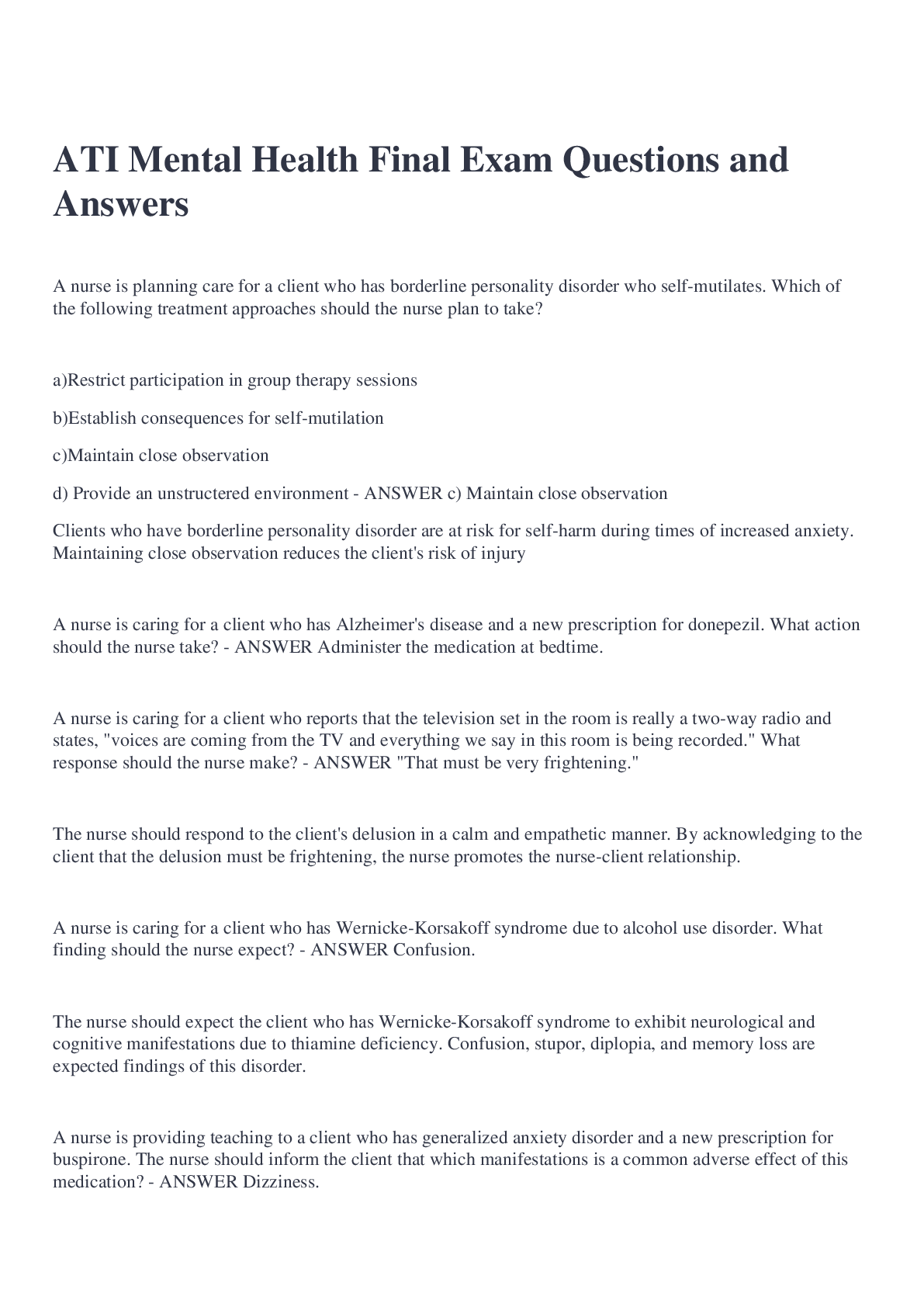 Preview image for ATI Mental Health Final Exam Questions and Answers